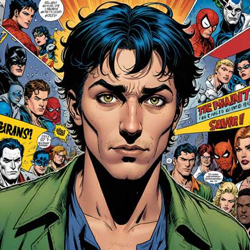 The image is a close-up portrait of Dick Grayson, the main subject, with a dynamic, comic book art style. He's surrounded by a chaotic explosion of other superhero faces from various universes, suggesting a wide range of connections. The composition is intense and dramatic, emphasizing the character's determined gaze against a vibrant backdrop of superhero action.