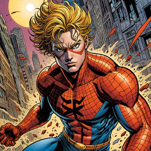 A determined young hero, Spider-Girl, in a dynamic pose with golden hair and a red mask, is shown leaping amidst crumbling city buildings. The art style is comic book-inspired, with bold lines and a focus on action and motion. The spatial relationship places Spider-Girl as the central figure, emphasizing her power and agility within a chaotic urban environment.