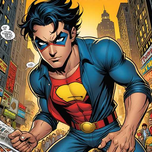 A determined young man in a blue and red superhero costume, with a prominent Superman emblem, is intensely focused on a newspaper. He's surrounded by a crowd of onlookers in a bustling city street, rendered in a dynamic comic book art style with strong lines and vibrant colors. The spatial relationship shows the hero at the forefront, drawing attention to his action.