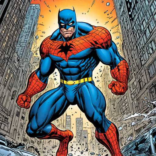 A muscular, blue and red superhero in a dynamic pose dominates the frame, standing amidst a chaotic cityscape of crumbling buildings. The art style is classic comic book, with bold lines and dramatic action lines emphasizing the hero's powerful stance.