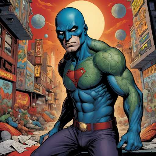 A muscular, blue-skinned hero with a red and green emblem stands in a bustling, war-torn city street. The art style is comic book-inspired, with dynamic action lines and a dramatic, orange-hued background. The hero dominates the foreground, while debris and distressed figures fill the background, emphasizing a sense of conflict.