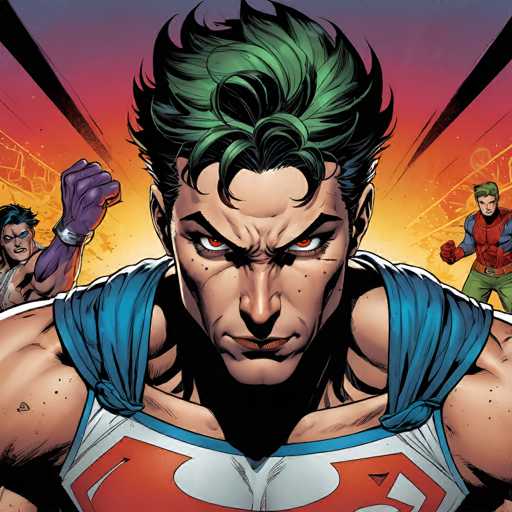 The image features a close-up of a muscular, green-haired superhero with intense red eyes, centrally positioned and looking directly at the viewer. Behind him are two other heroes, partially visible, with a dynamic, action-oriented composition. The art style is comic book-inspired, emphasizing bold lines and dramatic lighting with a vibrant, fiery background.