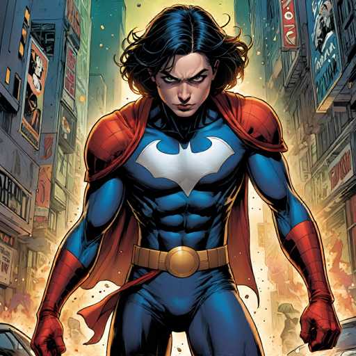 A determined woman in a blue and red superhero costume, featuring a prominent white and red shield emblem on her chest, stands in a bustling, chaotic city street. She's positioned centrally, facing forward with intense eyes and clenched fists, surrounded by explosions and debris. The art style is dynamic and comic book-inspired, emphasizing action and power.