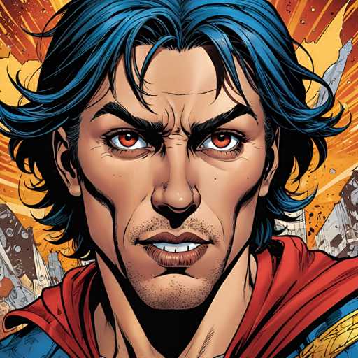 The image is a close-up portrait of a man with striking blue hair and intense red eyes, wearing a red cape over a blue suit. He has a determined expression with furrowed brows and gritted teeth, set against a dynamic, explosive background of shattered buildings. The art style is comic book-inspired, with bold lines and vibrant colors emphasizing a dramatic, action-oriented feel.