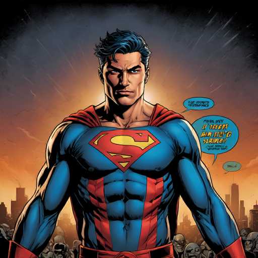 Superman stands powerfully in the foreground, facing forward with a determined gaze. He's surrounded by a crowd of faceless figures in the background, suggesting a confrontation or opposition. The art style is comic book-inspired, with bold lines and vibrant colors emphasizing the hero's strength.