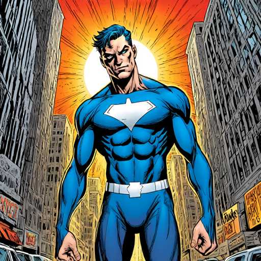 A powerfully built, blue-suited hero with a white star emblem stands confidently in a bustling city street. Tall buildings frame the scene, bathed in a bright, radiating sun. The art style is classic comic book, with bold lines and dynamic perspective emphasizing the hero's strength and determined gaze.