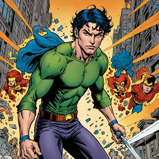 A determined Green Lantern stands amidst a chaotic cityscape, wielding a glowing sword while surrounded by his heroic teammates. The art style is dynamic and action-packed, with a focus on motion lines and dramatic perspective to convey the intensity of the scene.