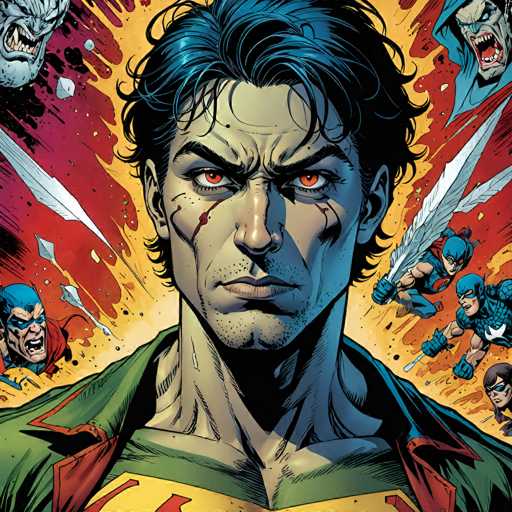 This close-up comic book panel features a determined, red-eyed Damian Wayne (Robin) in a dynamic, action-packed pose. He's surrounded by swirling energy and shattered weapons, with other heroes like Nightwing and a monstrous foe in the background. The art style is bold and dramatic, emphasizing intense action with sharp lines and vibrant colors.