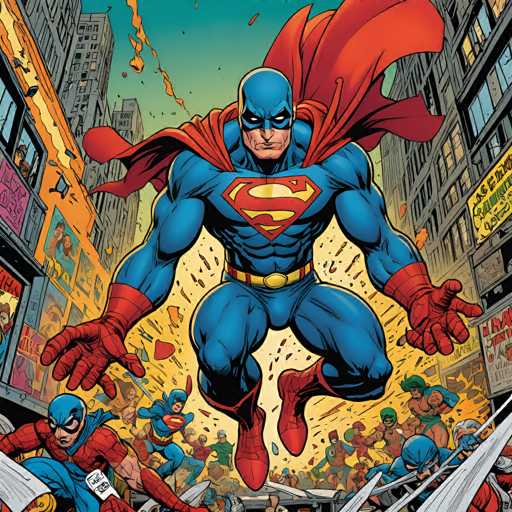 Superman is the central focus, soaring above a chaotic city street filled with civilians and villains. The art style is dynamic and action-packed, utilizing bold lines and vibrant colors to convey a sense of urgency. The spatial relationship places Superman as the dominant figure, emphasizing his heroic presence amidst the widespread conflict.