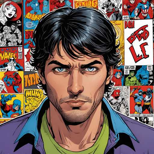 The image is a close-up portrait of a man with intense blue eyes, wearing a purple jacket over a green shirt. He's surrounded by a collage of comic book panels featuring various superheroes, creating a dynamic and energetic backdrop. The art style is detailed and illustrative, typical of comic book art, with a focus on strong lines and expressive character design.