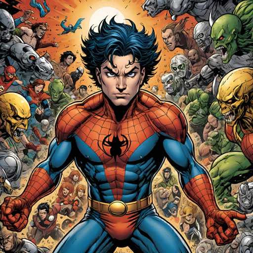 The image features Miles Morales, Spider-Man, surrounded by a chaotic horde of villains. He's centrally positioned, facing forward with determined eyes, while the background is filled with a diverse array of monstrous adversaries. The art style is dynamic and comic book-inspired, emphasizing action and a sense of overwhelming opposition.