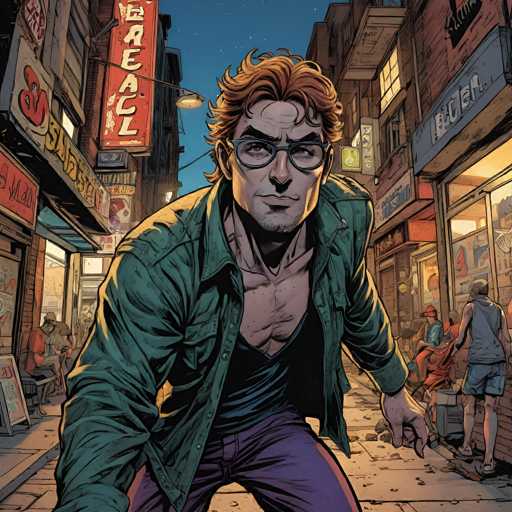 A determined man with curly red hair and glasses strides down a dimly lit, bustling city street. Neon signs adorn the brick buildings lining either side, creating a vibrant urban atmosphere. The art style is comic book-inspired, with bold lines and dynamic perspective emphasizing the character's forward motion.