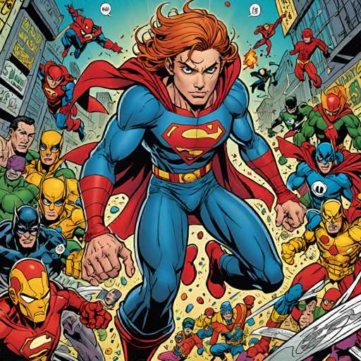 A dynamic, comic-book style illustration depicts a diverse group of superheroes, led by a central red-haired Superman figure with a determined expression. They are surrounded by a bustling cityscape, with various heroes in action poses and villains engaged in conflict. The art style is vibrant and energetic, emphasizing dynamic movement with bold lines and bright colors.