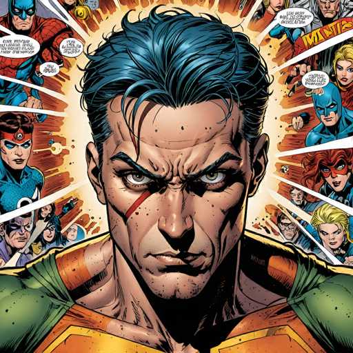 The image is a close-up of Blue Beetle, a DC Comics superhero, with a determined expression. He's surrounded by other heroes and villains in a dynamic, explosive panel style. The art is highly detailed with strong lines and vibrant colors, emphasizing the intense action and focus on Blue Beetle's determined gaze.
