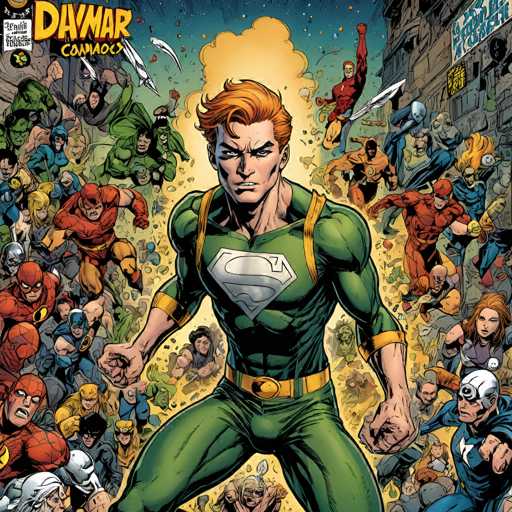 The image is a dynamic, action-packed comic book cover featuring a central green hero with a prominent Superman-like emblem, surrounded by a multitude of other superheroes in various poses. The art style is bold and detailed, with a focus on dynamic action lines and a vibrant color palette. The heroes are densely packed, creating a sense of overwhelming power and a chaotic, heroic gathering.