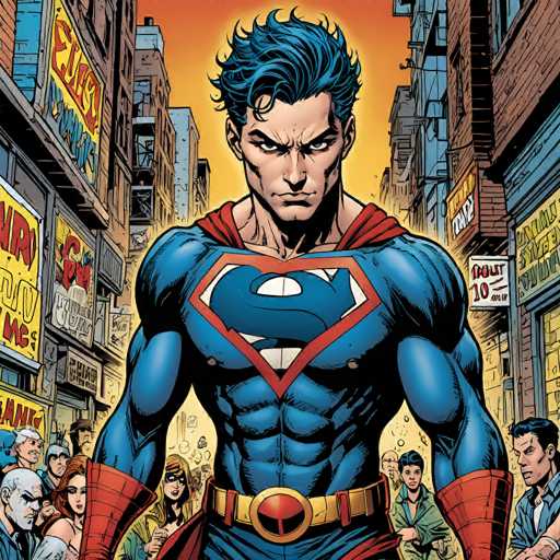 The image features Blue-Ray, a superhero with blue hair and a determined expression, standing prominently in a bustling city street. He's surrounded by onlookers, some looking concerned, others seemingly awestruck. The art style is a vibrant comic book illustration with bold lines and dynamic shading, emphasizing the character's powerful physique.
