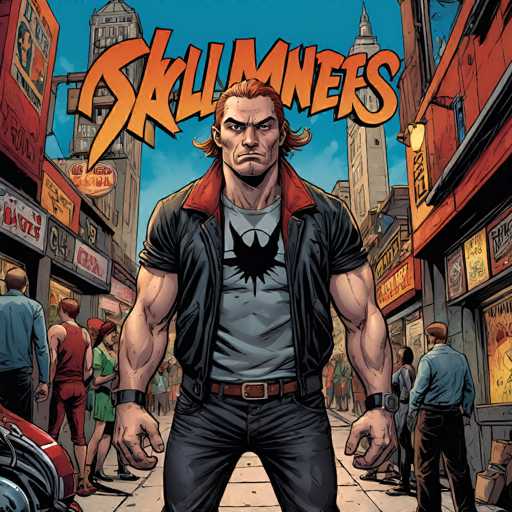 The image features a muscular, determined-looking character named Skullknees standing in a vibrant, retro-style city street. He's surrounded by onlookers and buildings with bold signage, all rendered in a comic book art style with strong lines and dynamic perspective. The overall scene is energetic and suggests an urban adventure.