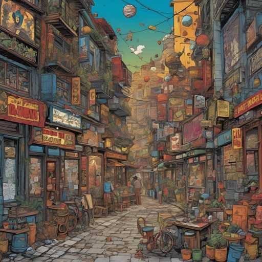 This vibrant, densely packed street scene depicts a bustling marketplace with numerous shops overflowing with goods. The spatial relationship is one of close proximity, with buildings stacked high and narrow pathways creating a sense of depth. The art style is painterly and detailed, with a warm color palette and intricate textures, evoking a fantastical, slightly whimsical atmosphere.