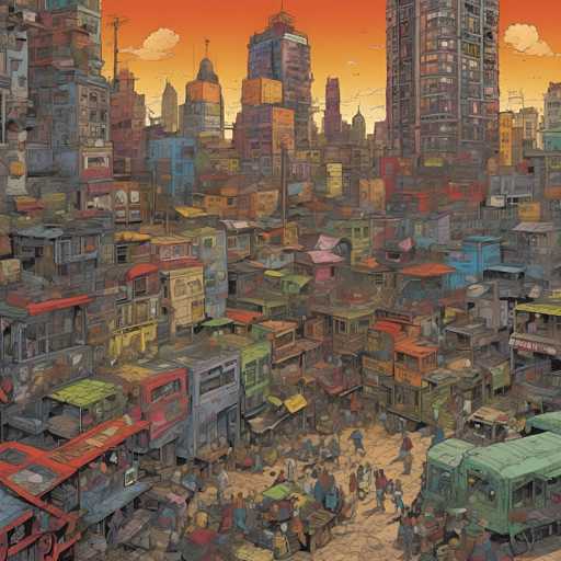 This vibrant, densely packed cityscape depicts a bustling, low-rise urban environment with numerous small shops and buildings clustered together. The art style is detailed and slightly painterly, emphasizing a sense of crowded activity and intricate detail with warm, muted color tones.