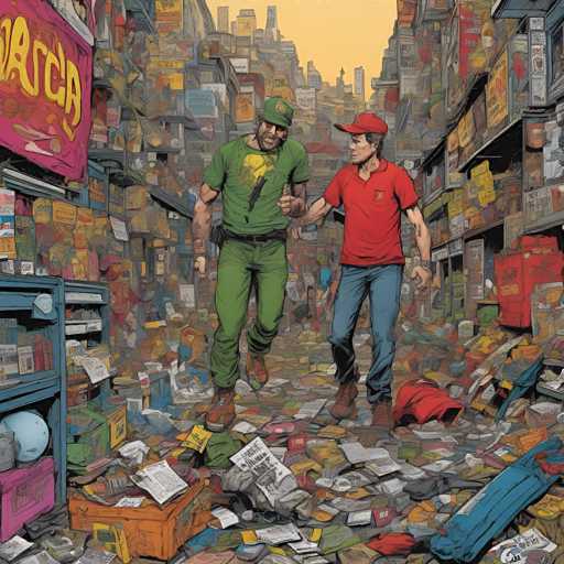 Two men navigate a chaotic, densely packed marketplace overflowing with discarded goods in a vibrant, comic-book style. The scene is filled with stacked boxes, posters, and debris, creating a claustrophobic yet bustling atmosphere. The art style is detailed and colorful, emphasizing the cluttered environment.