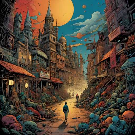 This surreal, dystopian cityscape depicts a narrow alleyway filled with piles of skulls and skeletal remains. Gothic, decaying buildings loom on either side, bathed in a warm, orange-hued sky with floating, alien-looking orbs. A lone figure walks down the path, emphasizing the desolate and eerie atmosphere of this fantastical, cyberpunk-inspired scene.