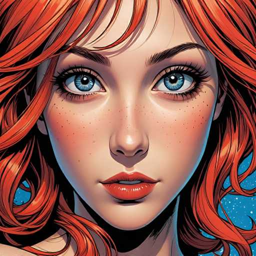 The image is a close-up portrait of a young woman with striking blue eyes and vibrant, curly red hair. Her face is detailed with freckles and full lips, rendered in a digital art style with bold lines and vibrant colors. The focus is entirely on her face, creating an intimate, intense gaze directly at the viewer.