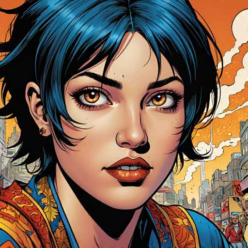 A close-up portrait of a young woman with striking orange eyes and blue hair dominates the frame, wearing a vibrant patterned jacket. She's positioned against a dynamic cityscape backdrop with stylized buildings and a swirling, orange-toned sky. The art style is reminiscent of manga or comic book illustration, emphasizing bold lines and vivid color.