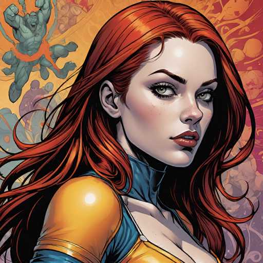 The image features a close-up portrait of a woman with vibrant red hair, wearing a yellow and blue costume. She has intense green eyes and a confident expression. A dynamic, abstract background with swirling orange and purple energy elements surrounds her, suggesting a cosmic or powerful setting. The art style is detailed and illustrative, typical of comic book art.