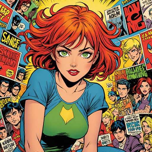 The image features a vibrant, comic-book style portrait of a young woman with fiery red hair and green eyes, prominently centered. She's surrounded by speech bubbles containing various characters and text, suggesting a dynamic, action-packed narrative. The art style is bold and stylized, typical of comic book illustrations, with a focus on dynamic lines and expressive faces.