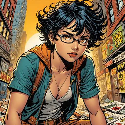 A close-up, comic-book style illustration features a young woman with curly dark hair and glasses, intensely looking at the viewer. She's surrounded by scattered newspapers in a bustling city setting with tall buildings and a warm, orange-yellow sky. The art style is vibrant and detailed, emphasizing dynamic lines and bold colors.