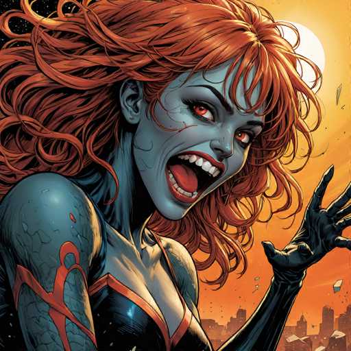 A close-up portrait of Harley Quinn, a DC Comics character, dominates the frame. She's depicted with vibrant red, curly hair and glowing red eyes, wearing a dark blue and black costume. Her expression is manic, with an open mouth revealing sharp teeth. The background features a fiery orange cityscape and a bright moon, emphasizing a dynamic, comic-book style with bold lines and dramatic lighting.