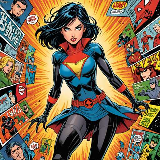 A vibrant, dynamic comic book panel features Supergirl in a bold blue and red costume, surrounded by numerous speech bubbles showcasing various superhero characters. The art style is classic comic book with bold lines and dynamic action, emphasizing a sense of energy and storytelling.