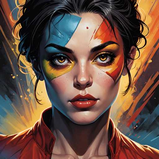 A close-up portrait features a woman with striking, stylized makeup in vibrant blue and orange, overlaid on her face. Her dark hair frames a focused gaze, set against a dynamic, abstract background of radiating orange and blue brushstrokes. The art style is digital painting with a bold, graphic quality.
