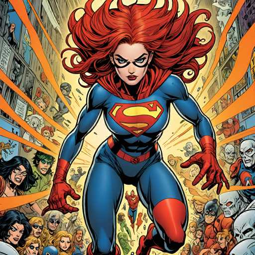 A powerful, red-haired superheroine in a blue and red suit dominates the center of the image, charging forward with determined eyes. She's surrounded by a crowd of diverse, equally heroic figures in the background, all radiating energy. The art style is dynamic and comic book-inspired, with bold lines and a sense of motion.