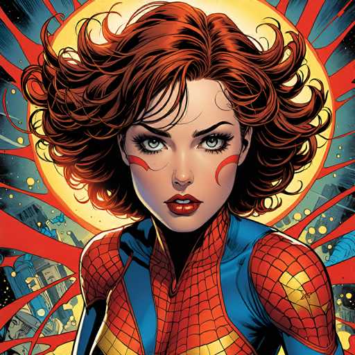This vibrant comic book illustration features Spider-Woman, a red-haired superheroine in a dynamic pose. She's centrally positioned against a radiating yellow sunburst backdrop, with a cityscape and cosmic energy elements surrounding her. The art style is bold and detailed, emphasizing strong lines and a dramatic, close-up perspective.