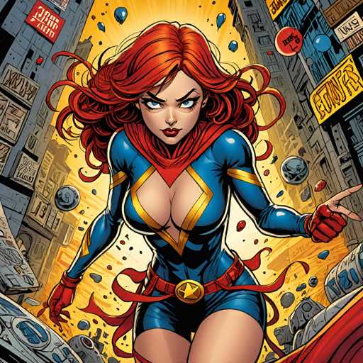 A dynamic, comic-book style illustration features a woman with vibrant red hair and a determined expression, clad in a blue and gold superhero suit. She's surrounded by floating energy orbs and debris, set against a chaotic cityscape backdrop with neon signs. The composition emphasizes action and power, typical of superhero art.