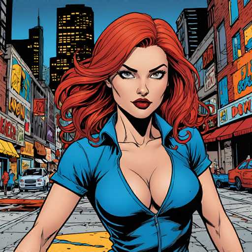 A woman with vibrant red, voluminous hair and a determined gaze stands in the center of a bustling city street. She's wearing a blue collared shirt and is positioned in the foreground, looking directly at the viewer. The background features a vibrant urban setting with colorful storefronts and cars, rendered in a dynamic comic book art style.