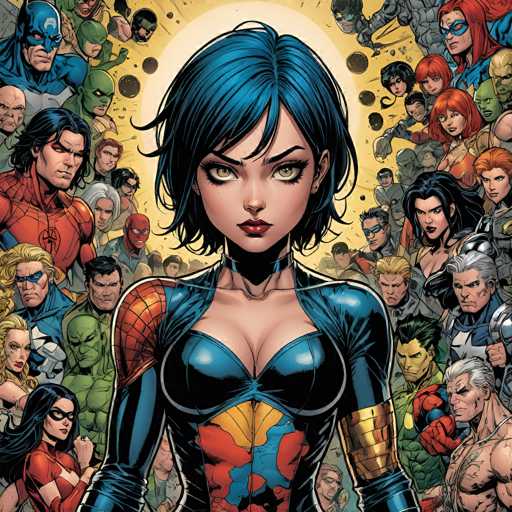 The image features a central, close-up portrait of Blue Marvel, surrounded by a densely packed crowd of various superheroes. The art style is comic book-inspired, with bold lines and vibrant colors. The central figure dominates the frame while the background characters are tightly clustered, creating a sense of unity and showcasing a diverse group.
