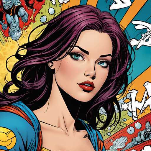 The image features a close-up portrait of a woman with vibrant purple hair, wearing a blue and orange costume. She gazes directly at the viewer with striking blue eyes. Dynamic, comic-book style elements like speed lines and bursts of energy surround her, suggesting action and a dynamic composition. The overall style is bold and illustrative.