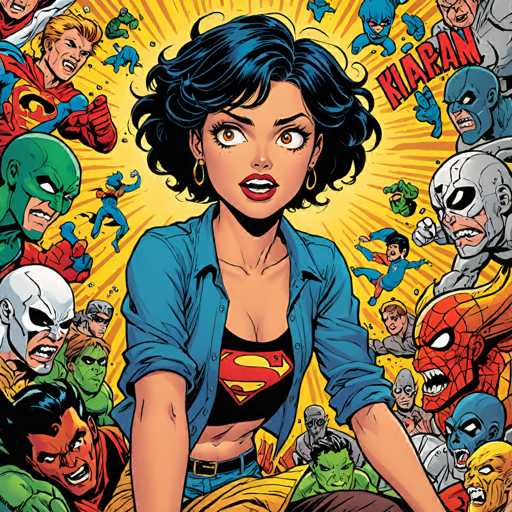 The image features a vibrant, dynamic comic book panel centered on a woman with curly dark hair and a determined expression. She's surrounded by a chaotic group of diverse superheroes, all in various poses and expressions of action. The art style is bold and energetic, with a yellow burst effect emphasizing the central figure's gaze.