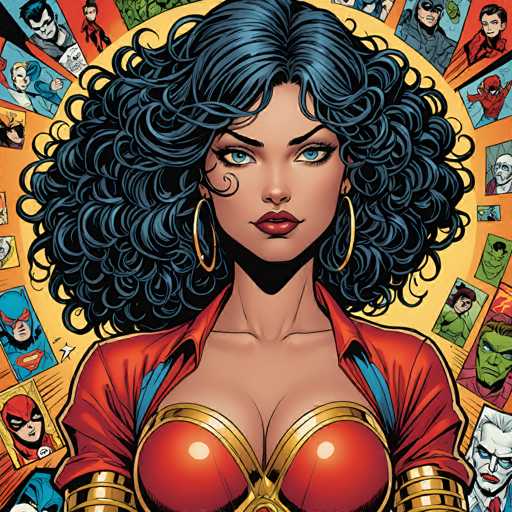The image features a close-up portrait of a woman with voluminous, curly black hair and striking blue eyes, wearing a red and gold Wonder Woman-inspired costume. She's surrounded by numerous comic book panels showcasing various superheroes, all arranged in a circular pattern radiating from behind her. The art style is vibrant and detailed, typical of modern comic book illustrations.