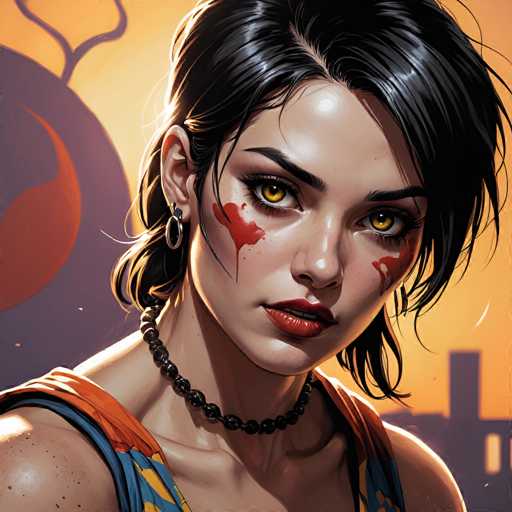 A close-up portrait features a woman with dark, glossy hair and intense yellow eyes. She wears a black beaded necklace and has red markings on her cheeks, suggesting a battle-worn appearance. The art style is digital painting with a painterly texture, emphasizing dramatic lighting and a slightly gritty aesthetic. The background features an orange cityscape, hinting at a post-apocalyptic or dystopian setting.