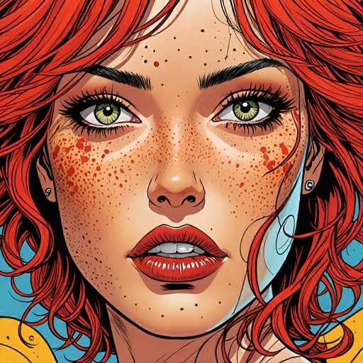 This close-up digital portrait features a woman with vibrant red, curly hair and striking green eyes. Her face is adorned with numerous freckles, and she has full red lips. The art style is bold and graphic, utilizing a limited color palette of reds, blues, and white. The focus is entirely on her face, drawing the viewer into her intense gaze.