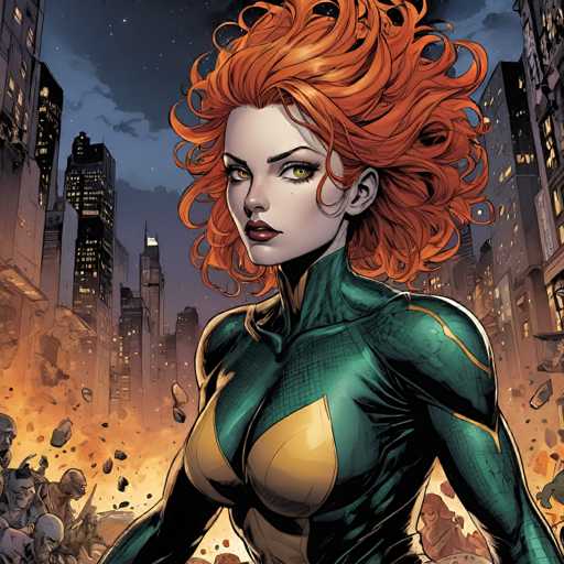 A determined, fiery-haired woman in a sleek green and gold suit stands amidst a chaotic cityscape. Debris flies around her, suggesting a battle. The art style is dynamic and detailed, with a focus on dramatic lighting and a gritty urban setting.