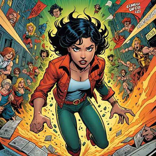 A dynamic comic book panel depicts a determined woman in a red jacket and green pants leaping forward amidst flying newspapers and a chaotic explosion. The art style is vibrant, with bold lines and dynamic action, showcasing a sense of urgency and movement. The woman is the central focus, surrounded by a crowd of diverse characters also in motion, all contributing to the energetic scene.