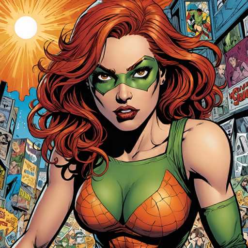 A determined redhead in a vibrant green and orange costume gazes intensely, surrounded by a chaotic collage of comic book panels. The art style is dynamic and bold, with strong lines and bright colors emphasizing the character's focused expression. The spatial relationship places her as the central focus, commanding attention within the energetic backdrop of comic book imagery.