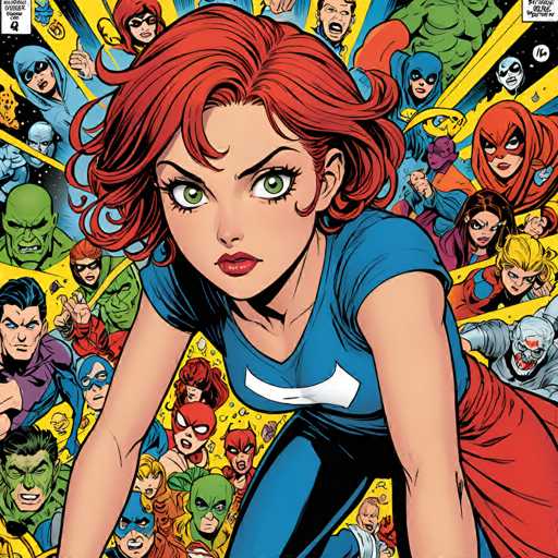 The image is a dynamic, close-up comic book panel featuring a central female superhero with vibrant red hair and green eyes, prominently positioned in the foreground. She's surrounded by a multitude of other superheroes, all densely packed and overlapping, creating a sense of action and urgency. The art style is classic comic book, with bold lines and dynamic perspective, emphasizing a sense of power and teamwork.