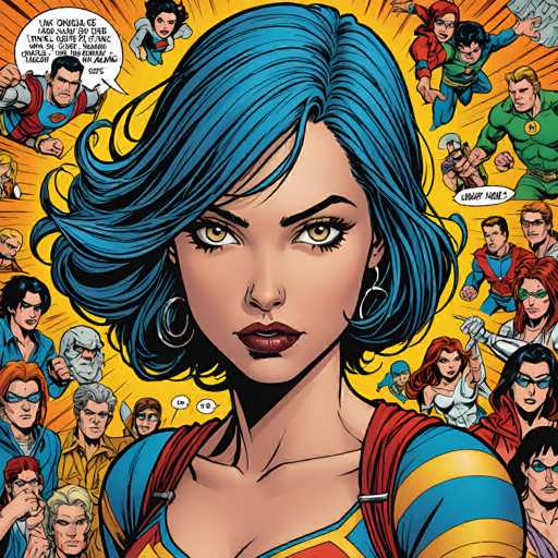 The image features a close-up of Supergirl, centrally positioned and looking directly at the viewer. She's surrounded by a diverse group of other superheroes, all rendered in a vibrant, comic-book style with dynamic action poses. The background is a swirling yellow energy, emphasizing the central figure and creating a sense of energetic chaos.