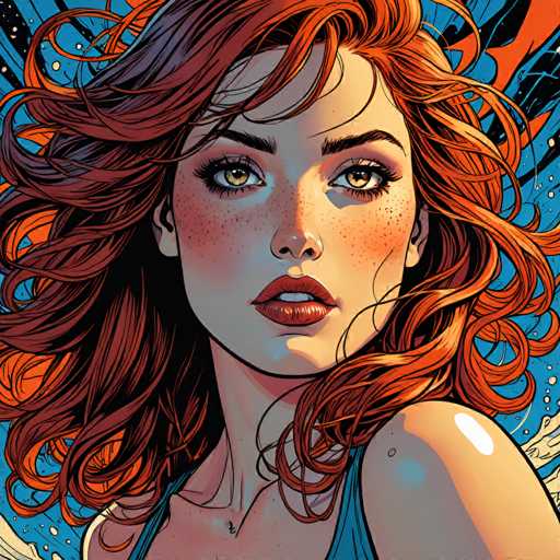A close-up portrait features a woman with vibrant, flowing red hair and freckled skin, her gaze directed upwards. The art style is a bold, digital illustration with a retro, comic-book aesthetic, utilizing strong lines and vibrant orange and blue tones. The focus is on the woman's expressive face, with dynamic hair framing her features.