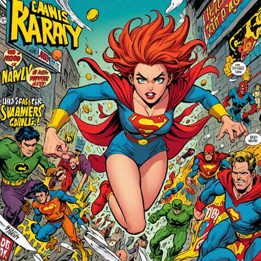 The image is a dynamic, comic-book style illustration featuring a group of superheroes in action. Central is a red-haired woman in a blue and red costume, flying with a determined expression. Other heroes surround her, engaged in a chaotic battle amidst a city street scene filled with debris and speech bubbles. The art style is bold, colorful, and energetic, typical of superhero comics.